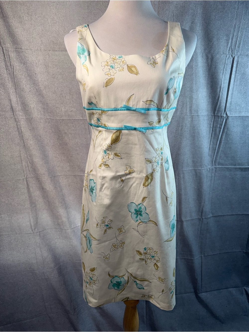 1641-K Studio Cream Floral Scoop-Neck Mini Dress with Aqua Trim